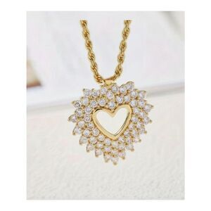 Hollowed-Out Heart Pendant Necklace 14K Gold Plate Simulated Diamonds Rope Chain